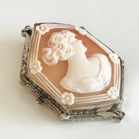 Vintage 14K Solid White Gold Carved Cameo Shell Woman & Flowers Large Brooch Pin - Picture 5 of 16